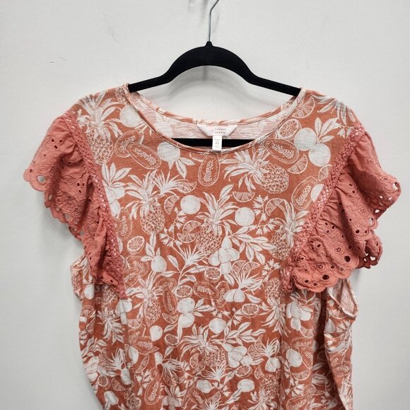 LC Lauren Conrad Womens BOHO Top Size 4X Coral Tropical Print Flutter Sleeve - Picture 2 of 10